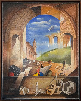 giochi-tra-gli-archi Mario Logli, Finestra sul Mercatale, tecnica mista, olio e acrilico su tela; 80x100 cm.